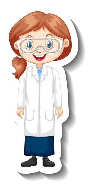 Stiker Karakter Kartun Dengan Seorang Gadis Dalam Ilustrasi Gaun Sains - Stok Vektor