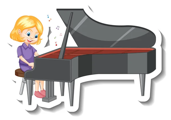Cute Girl Playing Piano Cartoon Character Sticker Illustration — Stock Vector