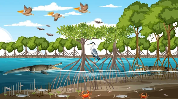 Mangrove Skog Landskap Scen Dagtid Illustration — Stock vektor