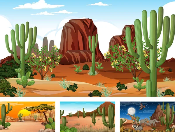 Different Scenes Desert Forest Landscape Illustration — Stock Vector