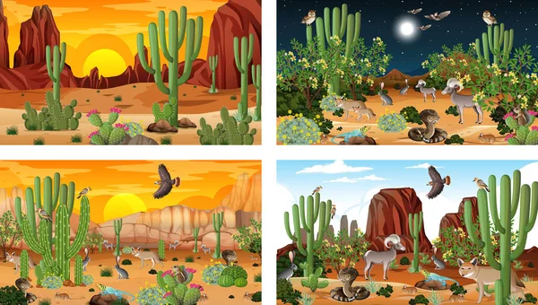 Quatre Différentes Scènes Paysage Forestier Désertique Avec Des Animaux Des — Image vectorielle