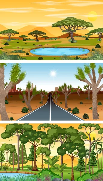 Conjunto Escenas Horizontales Naturaleza Diferente Ilustración — Archivo Imágenes Vectoriales