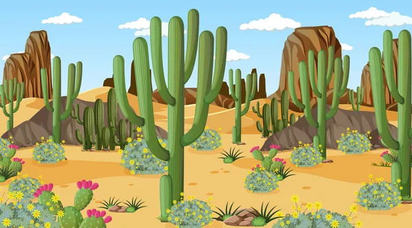 Woestijnbos Landschap Overdag Scène Met Veel Cactussen Illustratie — Stockvector