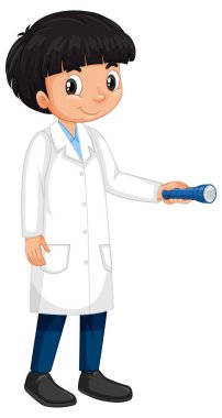 Laboratuvar önlüğü giyen bir çocuk çizgi film karakteri.