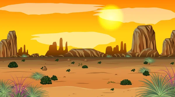 Pusta Scena Krajobrazu Pustyni Zachodzie Słońca Ilustracja — Wektor stockowy