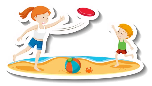 Kinderen Spelen Frisbee Het Strand Illustratie — Stockvector