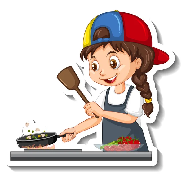 Αυτοκόλλητο Χαρακτήρα Κινουμένων Σχεδίων Σεφ Κορίτσι Μαγείρεμα Εικονογράφηση — Διανυσματικό Αρχείο