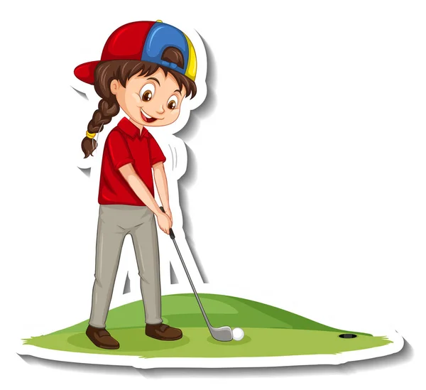 Cartoon Karakter Sticker Met Een Meisje Spelen Golf Illustratie — Stockvector