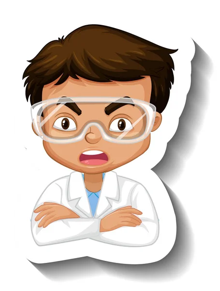 Portrait Boy Science Gown Cartoon Character Sticker Illustration — Stock Vector