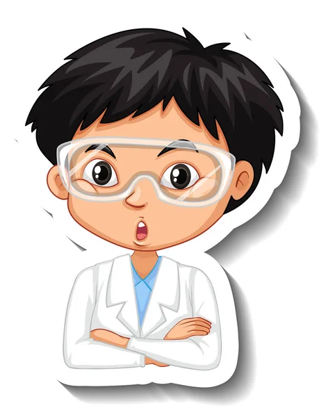 Retrato Niño Vestido Ciencia Dibujo Animado Personaje Etiqueta Ilustración — Vector de stock