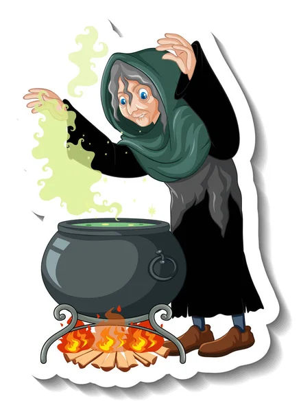 Stará Čarodějnice Vaření Lektvar Pot Kreslený Znak Nálepka Ilustrace — Stockový vektor
