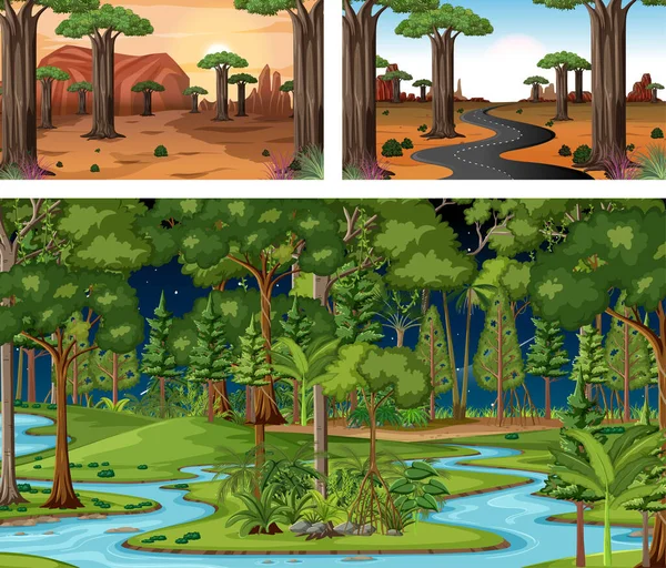 Set Diverse Scene Orizzontali Foresta Illustrazione — Vettoriale Stock