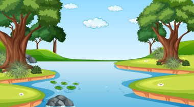 Gündüz vakti doğa ormanı manzarası ve çayır resimlerinde akan uzun bir nehir.