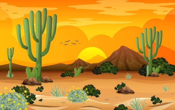 Paisaje Del Bosque Del Desierto Atardecer Escena Del Tiempo Con — Vector de stock