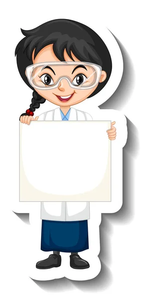 Cartoon Znak Nálepka Dívkou Vědě Šaty Drží Prázdný Banner Ilustrace — Stockový vektor
