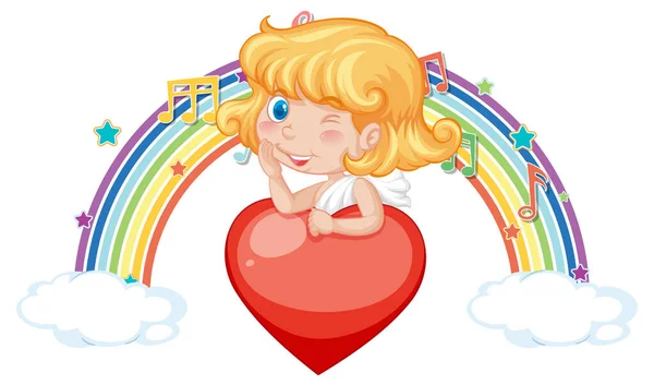 Cupido Ragazza Tenendo Cuore Con Simboli Della Melodia Arcobaleno Illustrazione — Vettoriale Stock