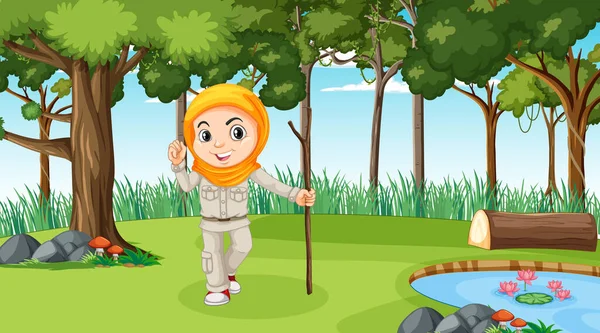 Natuur Scène Met Een Moslim Meisje Cartoon Karakter Verkennen Het — Stockvector