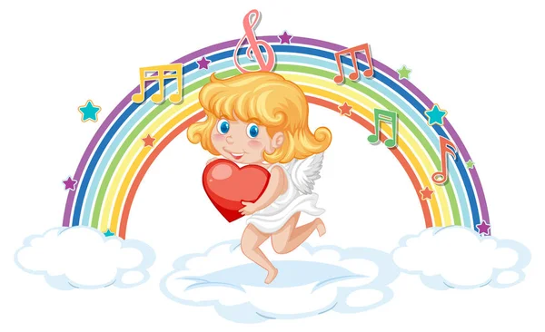 Cupid Girl Holding Heart Melody Symbols Rainbow Illustration — Stock Vector
