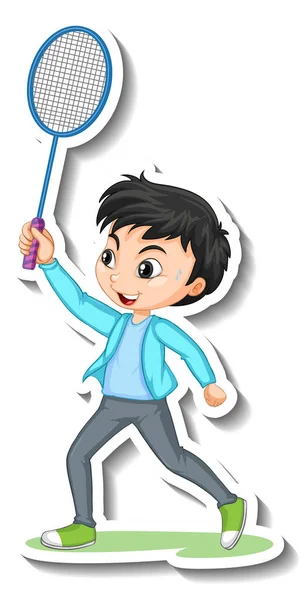 Personaje Dibujos Animados Pegatina Con Niño Jugando Bádminton Ilustración — Vector de stock