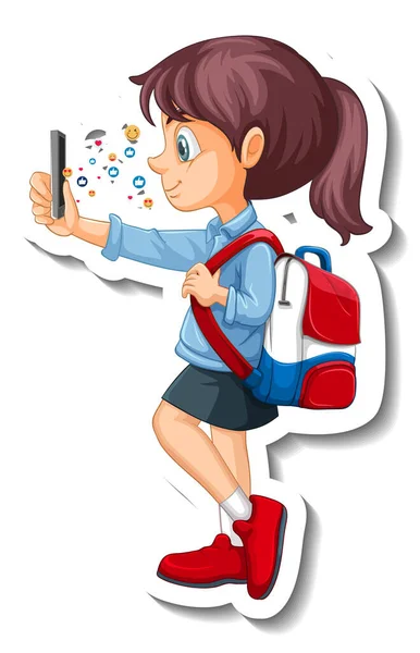 一个使用智能手机卡通人物贴纸插图的女生 — 图库矢量图片