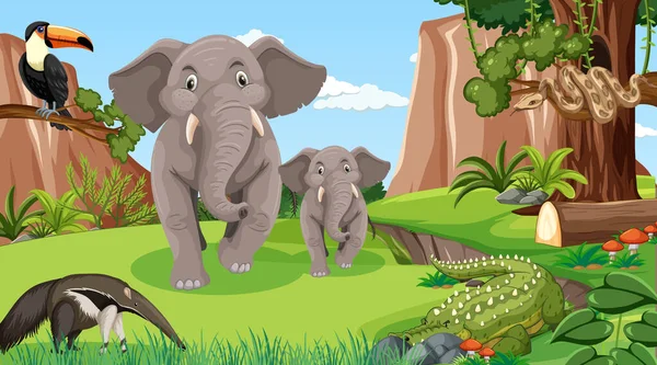 Famille Des Éléphants Avec Autres Animaux Sauvages Dans Illustration Scène — Image vectorielle