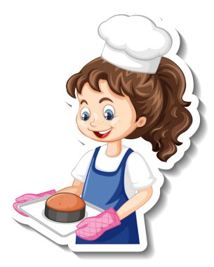 Çizgi film karakteri çıkartması aşçı kızın elinde fırın tepsisi çizimi