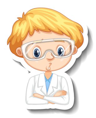 Fen kıyafetli bir çocuğun portresi. Çizgi film karakteri çıkartması.