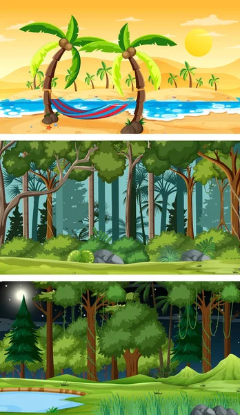 Ensemble Différents Types Scènes Horizontales Forestières Illustration — Image vectorielle