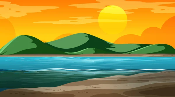 Leere Naturlandschaft Bei Sonnenuntergang Szene Mit Berg Hintergrund Illustration — Stockvektor
