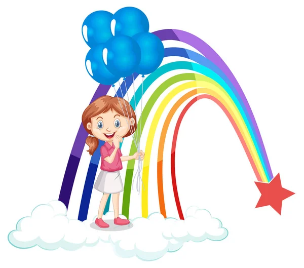 Ein Mädchen Hält Luftballons Mit Regenbogenillustration — Stockvektor