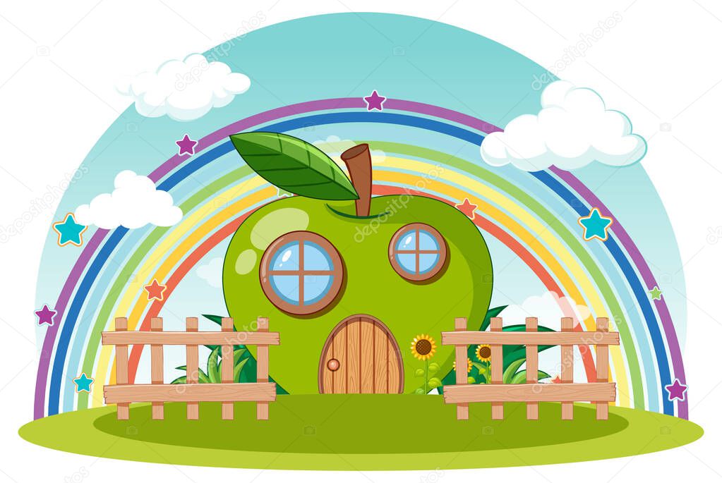 Green apple house with rainbow in the sky illustration