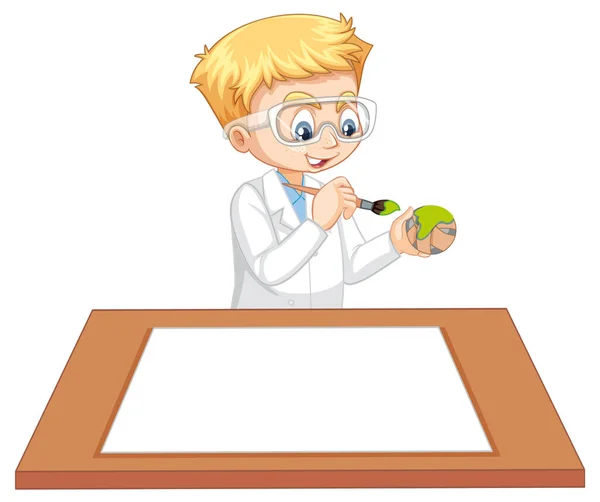 一个穿着科学家长袍 桌上放着空白纸片的男孩 — 图库矢量图片