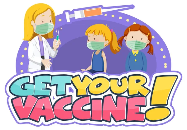 子供と医師の漫画のキャラクターイラストとあなたのワクチンフォントバナーを取得します — ストックベクタ