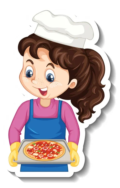 Kreskówka Postać Naklejka Kucharz Dziewczyna Gospodarstwa Taca Pizzy Ilustracja — Wektor stockowy