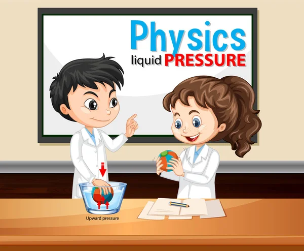 Física Presión Líquida Con Científicos Niños Dibujos Animados Carácter Ilustración — Vector de stock