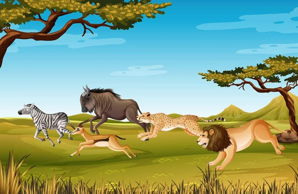 Group Wild African Animal Forest Scene Illustration — Stock Vector