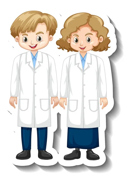 Cartoon Charakter Aufkleber Mit Kindern Wissenschaftlichen Kleid Illustration — Stockvektor