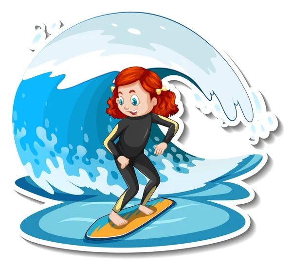 Sticker Girl Standing Surfboard Water Wave Illustration — Stock Vector