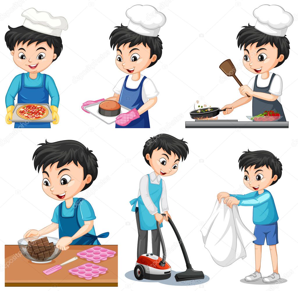 Set of a boy doing different houseworks illustration