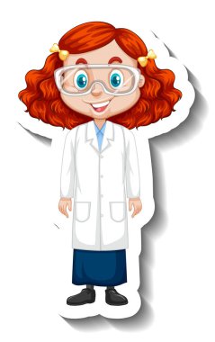 Çizgi film karakteri çıkartması. Üzerinde bilim elbisesi resimli bir kız var.