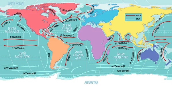 Mapa Del Mundo Actual Oceánico Con Ilustración Nombres — Vector de stock