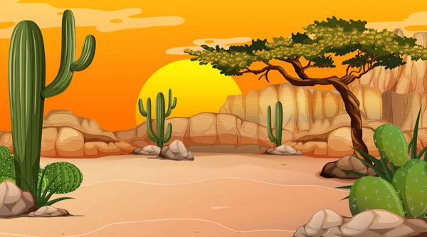 Paisaje Del Bosque Del Desierto Atardecer Escena Del Tiempo Con — Vector de stock