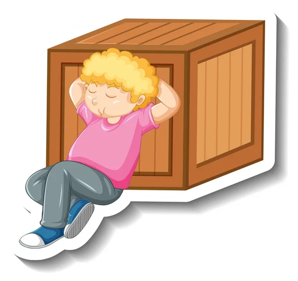 Niño Durmiendo Junto Una Caja Madera Sobre Fondo Blanco Ilustración — Vector de stock