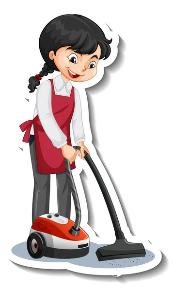 Cartoon Character Sticker House Maid Using Vacuum Cleaner Illustration — Stock Vector