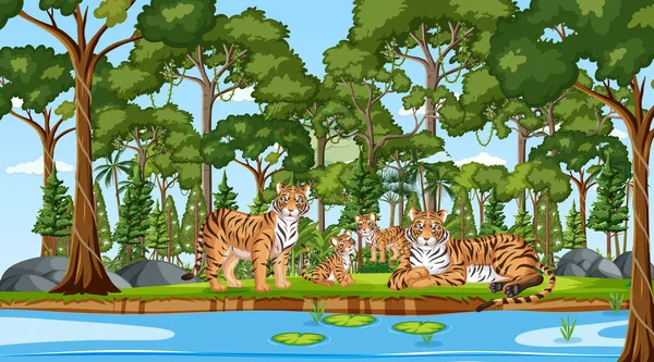 Familia Tigre Escena Del Bosque Con Muchos Árboles Ilustración — Vector de stock