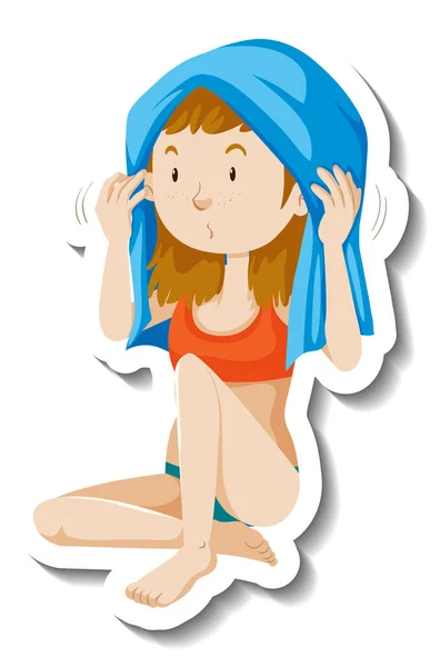 Girl Drying Her Hair Towel Cartoon Character Sticker Illustration — Stock Vector