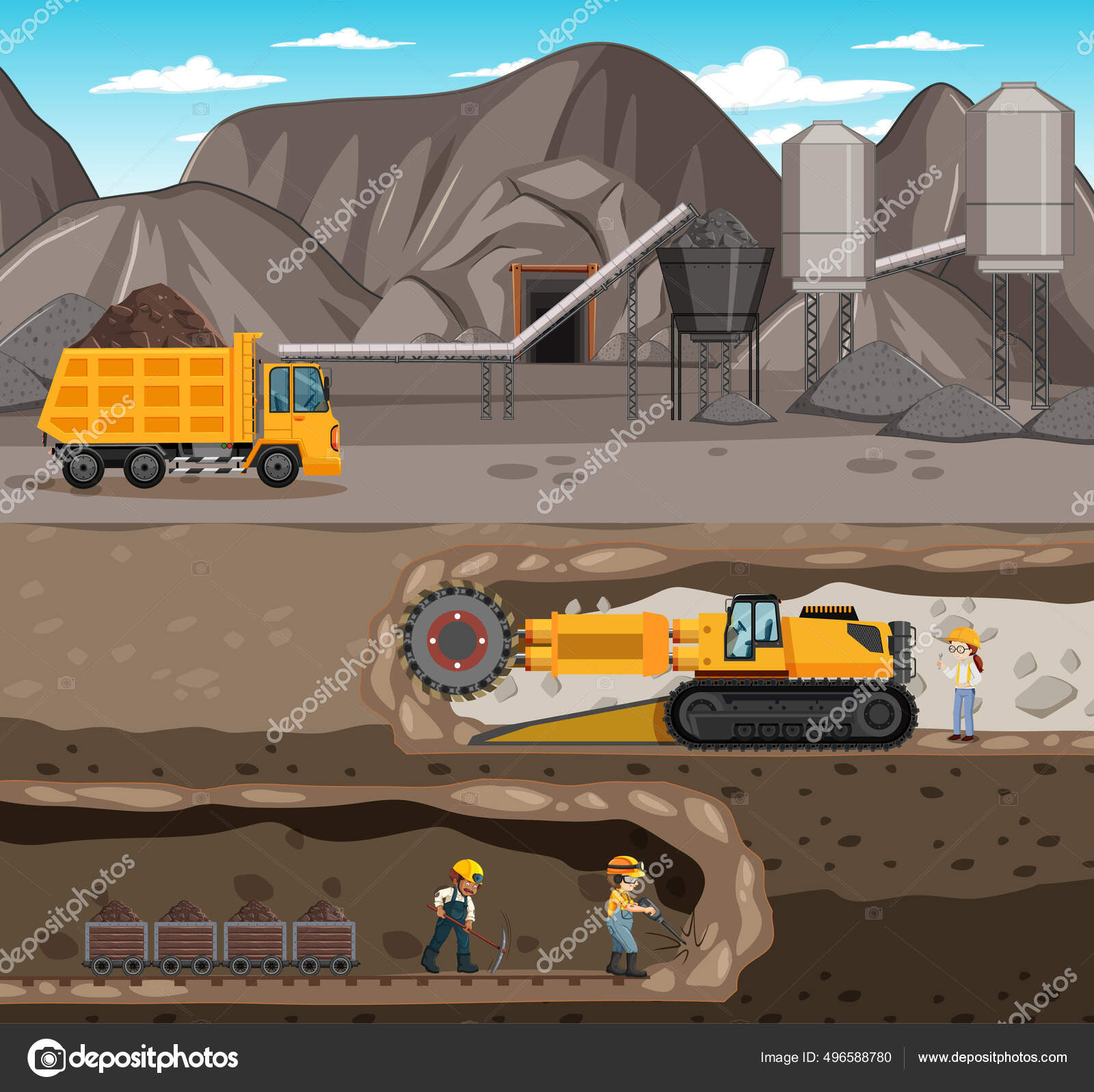 Lanskap Pertambangan Batu Bara Dengan Ilustrasi Adegan Bawah Tanah