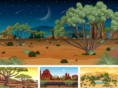 Çizgi film stili illüstrasyonunda farklı doğa yatay sahneleri