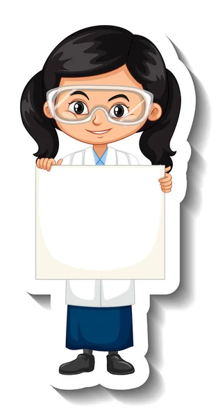 Cartoon Character Sticker Girl Science Gown Holding Empty Banner Illustration — Stock Vector