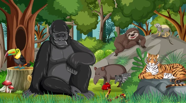 Gorila Escena Del Bosque Selva Tropical Con Muchos Árboles Ilustración — Archivo Imágenes Vectoriales